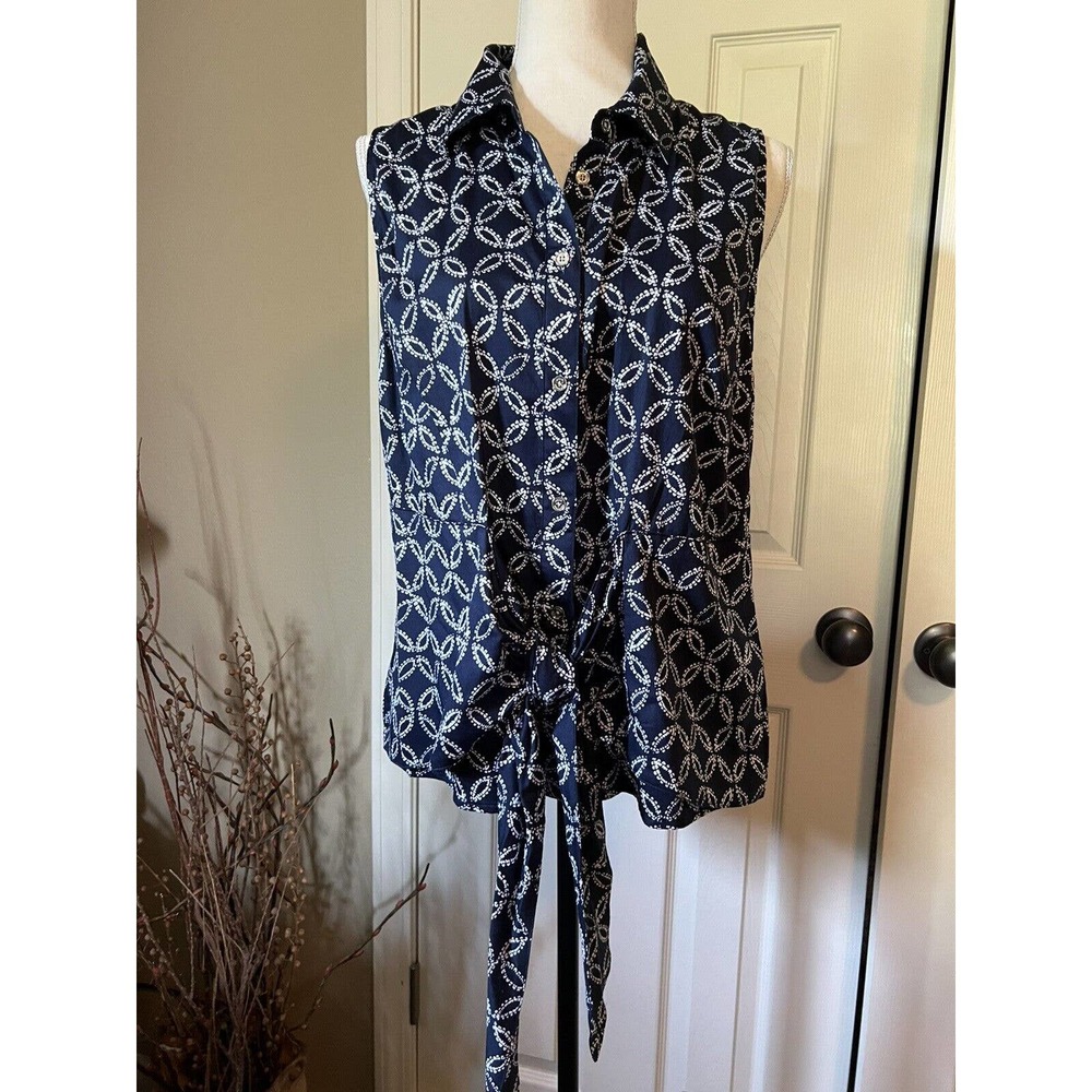 NWT Michael Kors Women's Navy Blue Printed Sleeveless Tie Front Blouse Size L